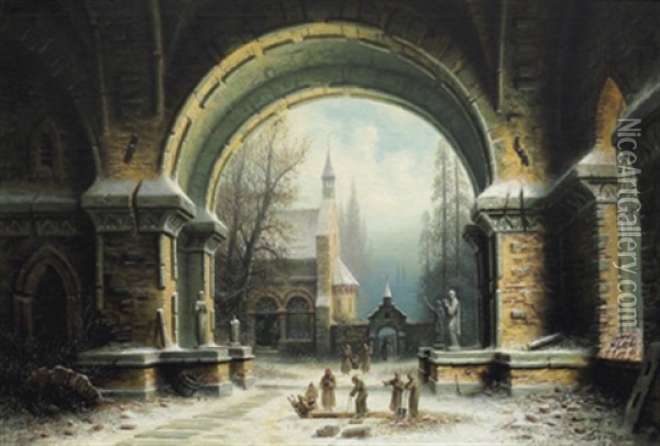 Monche Im Kreuzgang Im Winter Oil Painting - Albert Bredow