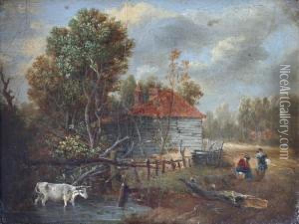 Figures By A Cottage, A Cattle Watering In A Country Pool Oil Painting - George Vincent