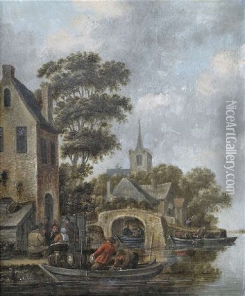Kanallandschaft Mit Lastkahn An Einem Wirtshaus Oil Painting - Thomas Heeremans