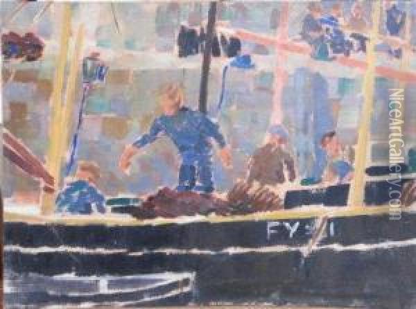 Preparing The Fishing Boat. Oil Painting - Greville Irwin