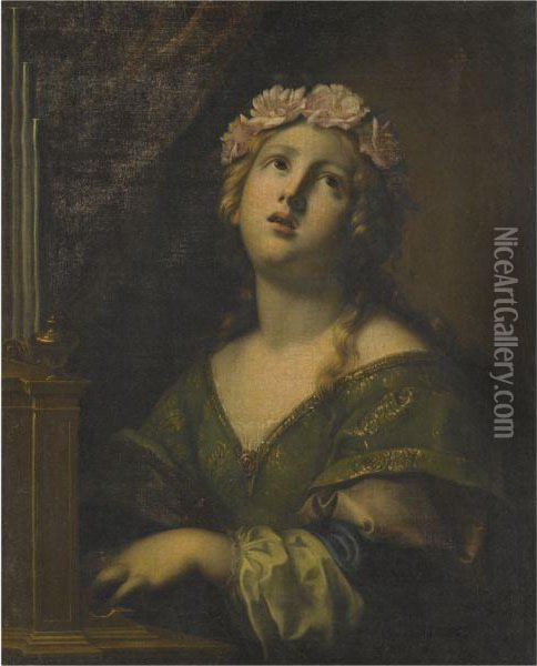 St. Cecilia Wearing A Crown Of Flowers, Playing An Organ Oil Painting - Onorio Marinari