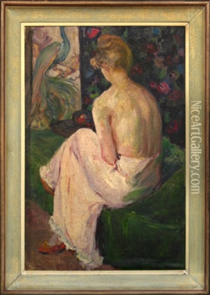Portrait Of A Lady Seated By A Peacock Screen Oil Painting - Sarah Sewell Munroe