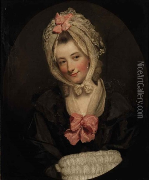 Portrait Of A Lady In A Black Dress, With Lace Muff And Headdress, Decorated With Pink Bows Oil Painting - Rev. Matthew William Peters