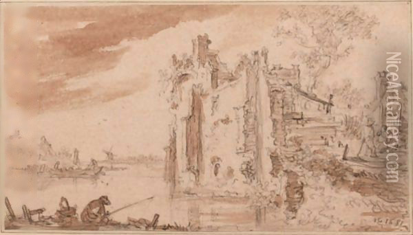 Overgrown Ruins On A River Bank, With Fishermen To The Left And Other Figures To The Right Oil Painting - Jan van Goyen