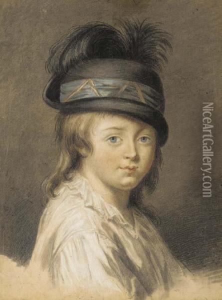 Portrait De Jeune Garcon En Buste Portant Un Chapeau A Plume Oil Painting - Etienne-Charles Leguay