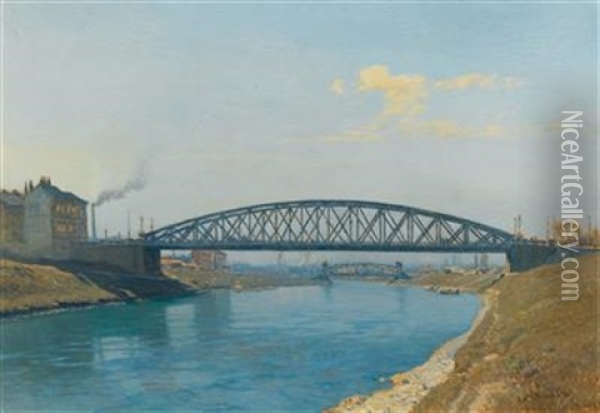 Der Donaukanal Mit Heiligenstadter Brucke Und Doblinger Steg Oil Painting - Thomas Leitner