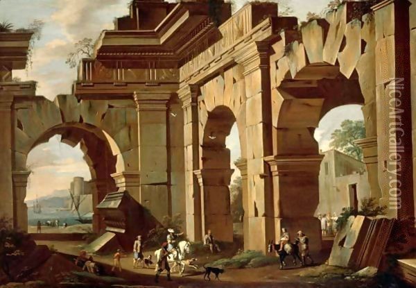 An Architectural Capriccio, With A Huntsman And Riders Among Ruined Arches Oil Painting - Viviano Codazzi