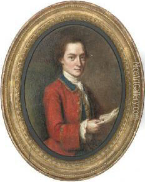 Portrait Of An Officer, Half-length, In A Red Coat With Blue Collar, Holding A Letter Oil Painting - Francis Alleyne