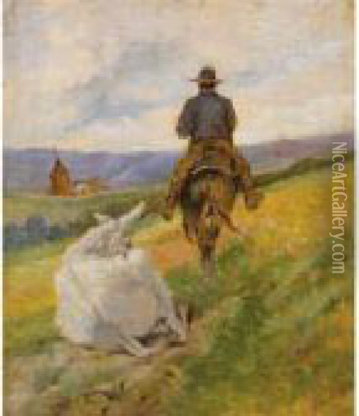 Buttero A Cavallo E Mulo Bianco Oil Painting - Giovanni Fattori