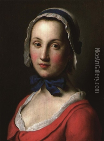 Portrait Of A Girl In Red Wearing A White Cap With A Blue   Ribbon Oil Painting - Pietro Antonio Rotari