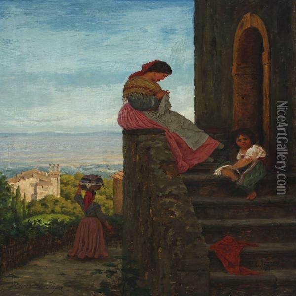 Scenery From Rocca Di Papa Of Young Italian Woman On Stairs Oil Painting - Carl Ludwig Jessen