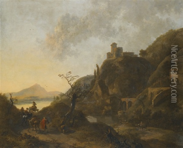 Italianate Rocky Landscape By The Sea With A Fortification, A Stone Bridge And A Ruined Wall, Figures Travelling On Donkeyback And On Foot In The Foreground Oil Painting - Jan Dirksz. Both