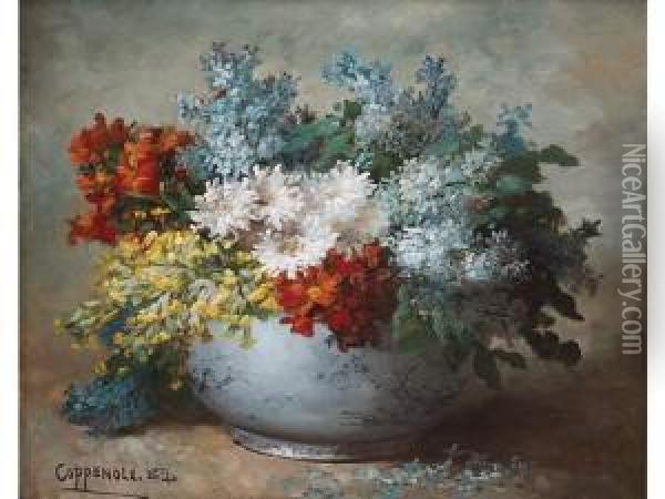 Bouquet De Giroflees, Lilas,marguerites Et Primeveres Dans Un Vase Oil Painting - Edmond Van Coppenolle