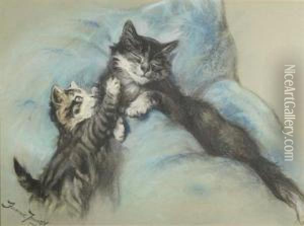 Young Kitten Waking Up Mom Oil Painting - Fannie Moody