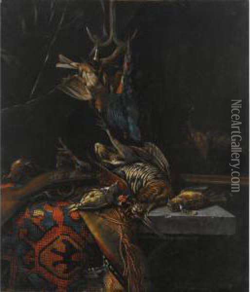 Other Properties
 

 
 
 

 
 A Still Life With A Woodcock, A Kingfisher And Songbirds, All 
On A Stone Table Draped With A Tapestry, Together With A Gun Oil Painting - Cornelis van Lelienbergh