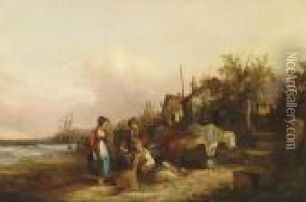 Fisherfolk On A Beach Oil Painting - Snr William Shayer