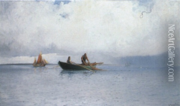 Marin Med Fiskare I Roddbat Oil Painting - Ludvig Otto Richarde