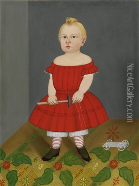 Portrait Of A Boy In A Red Dress Holding A Hammer With A Toy Cart On A Patterned Rug Oil Painting - Sturtevant J. Hamblen