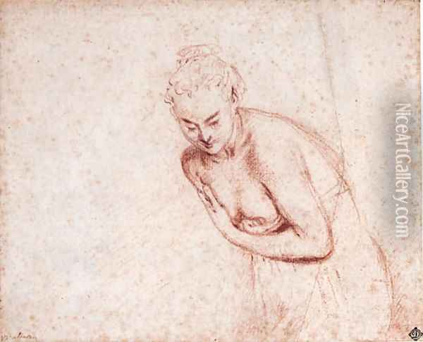 A female nude, half-length, in a shift leaning forward with her hands concealing her breasts Oil Painting - Jean-Antoine Watteau