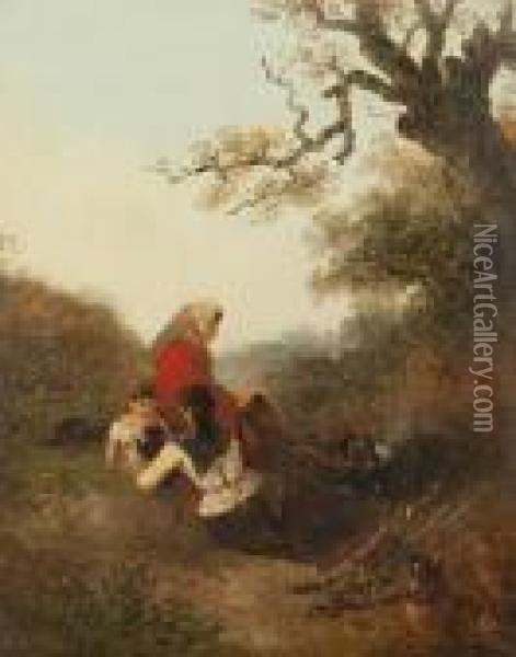 Gypsy Woman And Her Children By A Camp Fire Oil Painting - Edward Robert Smythe