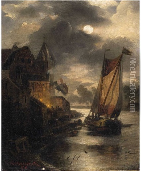 A View Of A Dutch Coastal Town And A Sailing Boat By Moonlight Oil Painting - Andreas Achenbach