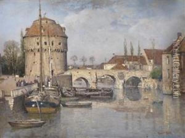 Motiv In Utrecht:brucke Und Wasserturm Oil Painting - Robert Russ