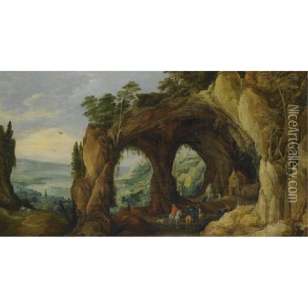 An Extensive River Landscape With Horsemen Before A Rocky Arch In The Foreground Oil Painting - Joos de Momper the Younger