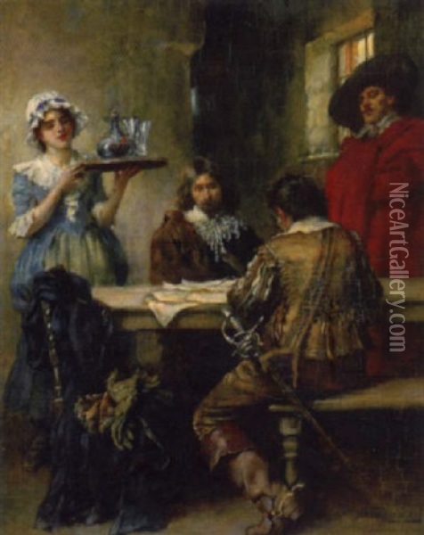 Historische Szene: Das Treffen Von Drei Herren In Einem Wirtshaus Oil Painting - William A. Breakspeare