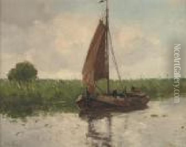 Sailing Along A River Oil Painting - Louis, Lodewijk Ph. Stutterheim