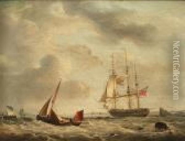 A Frigate And Smaller Craft 
Shortening Sail Ahead Of A Squall; A First Rate Heading Out To Sea, Her 
Upper Deck Crowded With Redcoats Anxious For Their Last Glimpse Of Home Oil Painting - George Webster