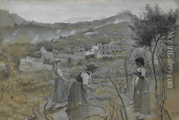 Capri Girls Pruning Vines Oil Painting - Charles Caryl Coleman