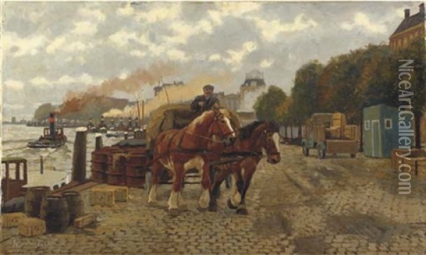 A Busy Quay In Rotterdam Oil Painting - Gijsbertus Johannes Van Overbeek