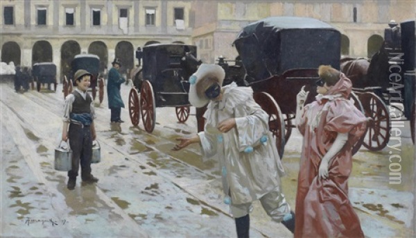 Carnival, Piazza Della Scala, Milan Oil Painting - Arnaldo Ferraguti