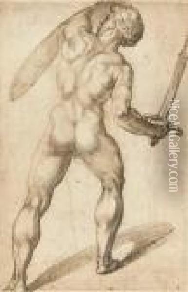 A Nude Seen From Behind Holding A Sword And A Shield Oil Painting - Bartolomeo Passarotti