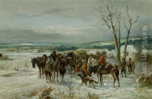 Begegnung In Einer Winterlandschaft / Festliche Szene Vor Einem Gasthof (pair) Oil Painting - Alfred Ritter von Malheim Friedlaender