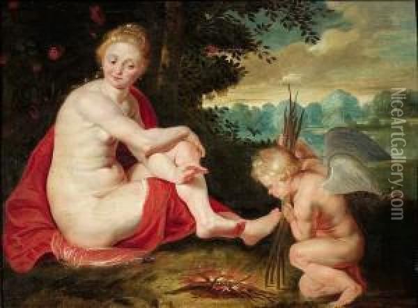 Venus And Amor. Oil/oak Oil Painting - Jan Van Balen