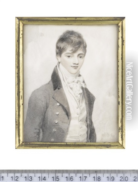 A Young Gentleman, Wearing Dark Coat, White Waistcoat, Chemise, Stock And Frilled Cravat Oil Painting - Henry Edridge