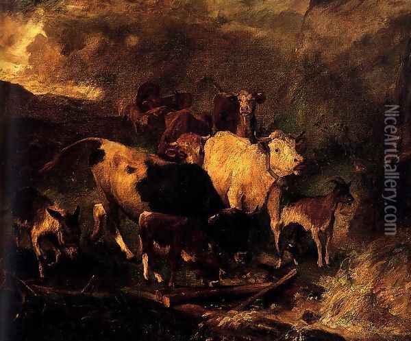 Viehherde an einem zerstorten steg Oil Painting - Anton Braith
