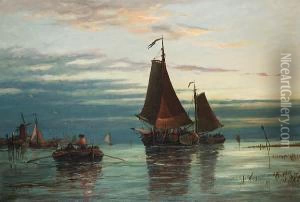 Calm In A Dutch Estuary Oil Painting - Richard Henry Nibbs