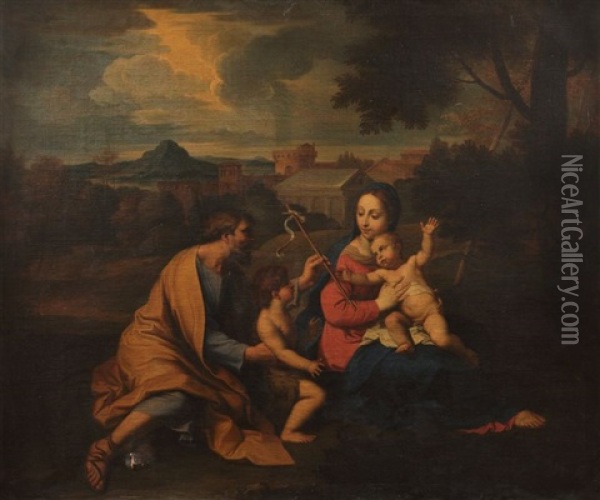 La Sainte Famille Avec Saint Jean-baptiste Dans Un Paysage De La Campagne Romaine Oil Painting - Nicolas Mignard