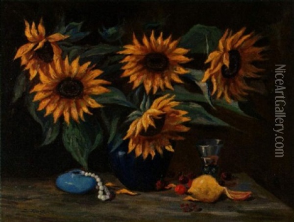 Stillleben Mit Sonnenblumen Und Zitrone Oil Painting - Joseph Decker