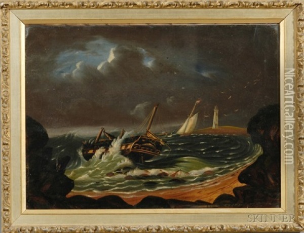 Shipwreck Off A Rocky Coast With Distant Lighthouse Oil Painting - Thomas Chambers