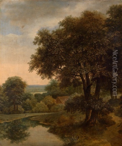 Bewaldete Landschaft Mit Wasserlauf Und Einem Bauernhaus Zwischen Baumen Oil Painting - Jan De Lagoor