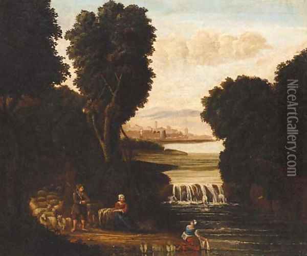 Peasants and sheep by a weir with a town beyond Oil Painting - French School
