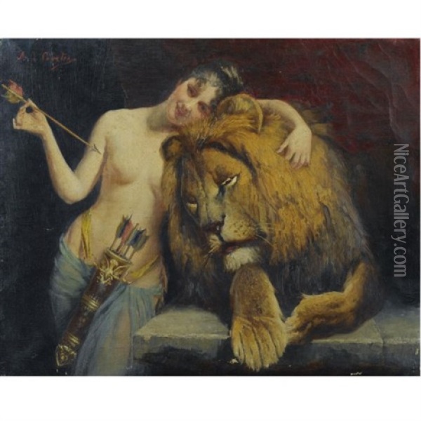 The Goddess Diana With A Lion Oil Painting - Angelo comte de Courten