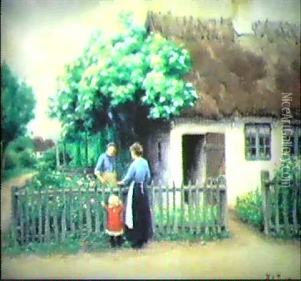 Tva Kvinnor Och Liten Flicka I Samtal Utanfor Hus Med Blommande Tragard Oil Painting - Hans Andersen Brendekilde