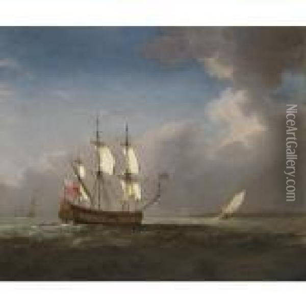 An English Man-of-war In Three Positions Oil Painting - Willem van de, the Elder Velde