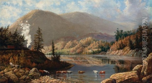 River Landscape With Cows Wading, A Train Passing By Oil Painting - William Lee Judson