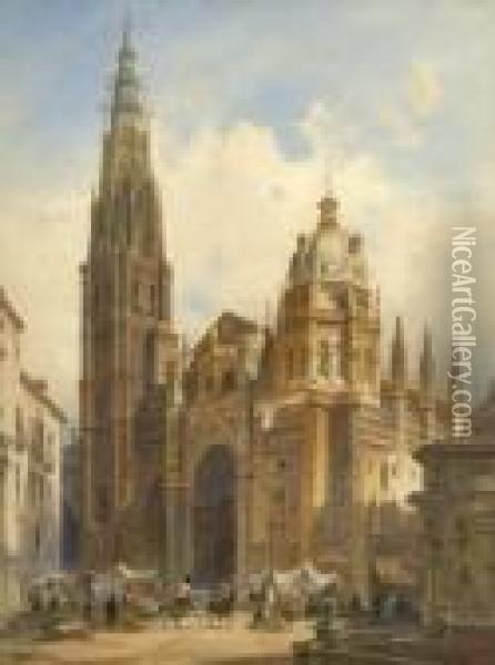 Blick Auf Die Kathedrale Von Toledo. Oil Painting - Friedrich Perlberg