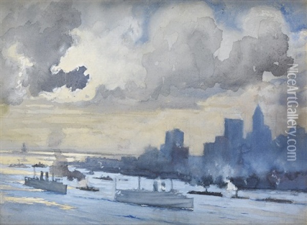 Clouds Over New York Harbor Oil Painting - Joseph Pennell